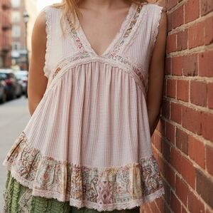 POL Lace Trim Ribbed Sleeveless Tank Top Floral Patchwork Ruffle Babydoll Shirt